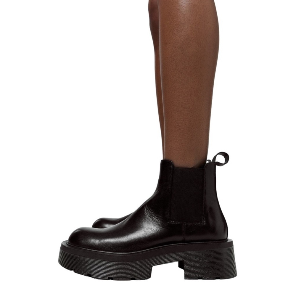 ZARA Black Chunky Leather Ankle Boots with Platform Lug Soles NWT Size 38 US 7.5